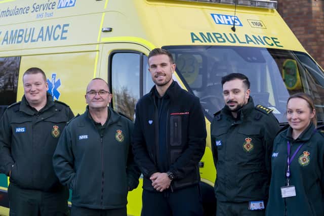England star and Liverpool captain Jordan Henderson meets staff at the Yorkshire Ambulance Service at the Trust Headquarters, in Wakefield.