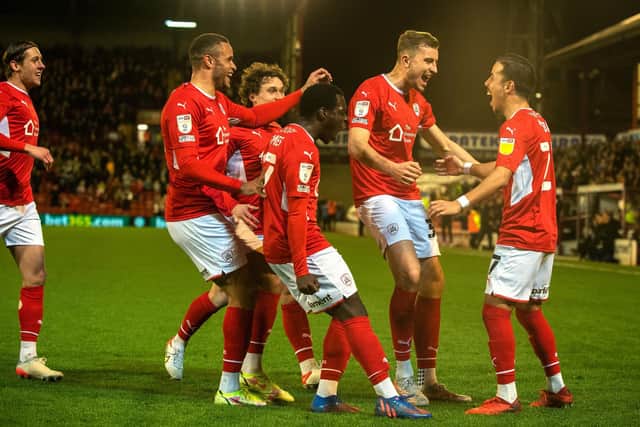 Michal Helik celebrates his second goal for Barnsley against Bristol City at Oakwell. Picture: Bruce Rollinson.