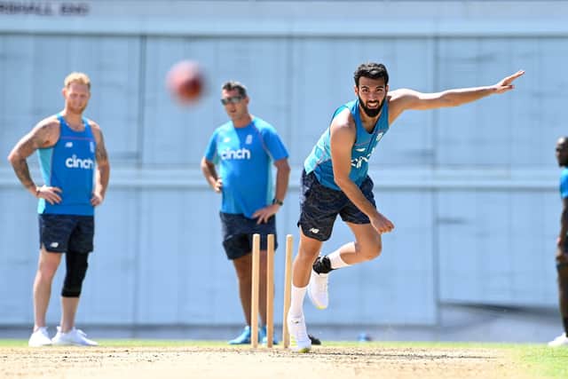England's Saqib Mahmood during a nets session at Kensington Oval Picture: Gareth Copley/Getty Images