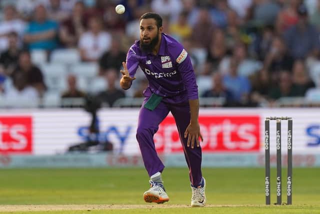 Northern Superchargers' Adil Rashid celebrates taking the wicket of Trent Rockets' Joe Root during The Hundred match at Trent Bridge, Nottingham. Picture date: Monday July 26, 2021. PA Photo. See PA story CRICKET Hundred. Photo credit should read: Tim Goode/PA Wire.  RESTRICTIONS: Editorial use only. No commercial use without prior written consent of the ECB. Still image use only. No moving images to emulate broadcast. No removing or obscuring of sponsor logos.