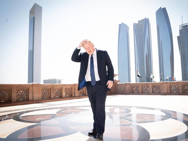 Prime Minister Boris Johnson arrives for a media interview at the Emirates Palace hotel in Abu Dhabi during his visit to the United Arab Emirates (UAE). The Prime Minister is meeting with UAE's Crown Prince Sheikh Mohammed bin Zayed in Abu Dhabi and Saudi Crown Prince Mohammed bin Salman in Riyadh, Saudi Arabia, where he hopes to strengthen ties with the nations to tackle Russian President Vladimir Putin.