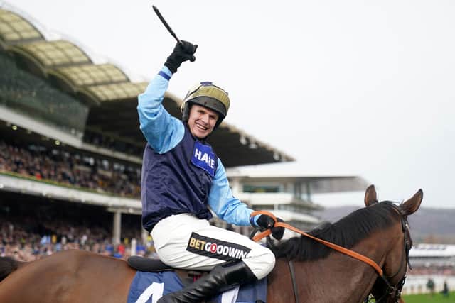 Tom Cannon after winning the Sporting Life Arkle Challenge Trophy Novices' Chase on Edwardstone during day one of the Cheltenham Festival at Cheltenham Racecourse.