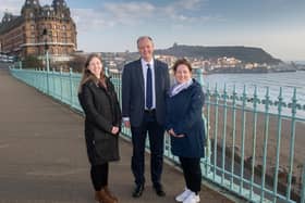 Professor Sir Chris Whitty is pictured with Louise Wallace, North Yorkshire’s Director of Public Health (right), and Dr Victoria Turner, a North Yorkshire public health consultant, during his visit to Scarborough to witness work that is under way to counter the impact of the Covid-19 pandemic. (Photo: North Yorkshire County Council)