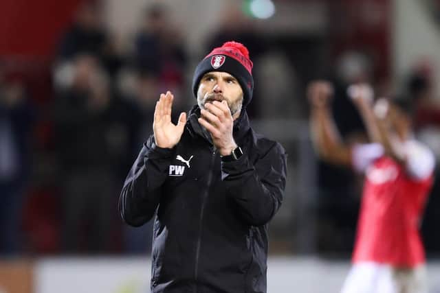 Rotherham United manager Paul Warne applauds the fans after the 2-1 win over Lincoln City at home on Tuesday night. Picture: Isaac Parkin/PA