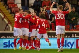 Carlton Morris celebrates scoring Barnsley's opening goal.against Bristol City at Oakwell on Tuesday night. Picture: Bruce Rollinson