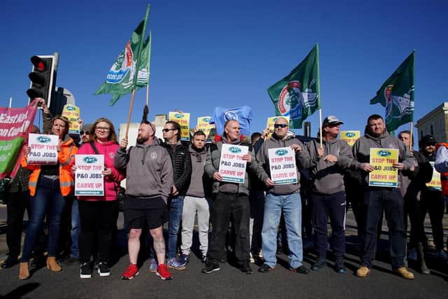 Former P&O staff and RMT members block the road leading to the Port of Dover yesterday (PA)