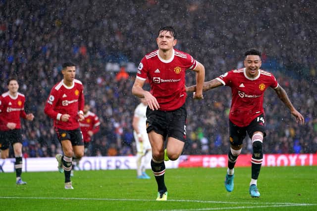 Manchester United's Harry Maguire celebrates scoring against Leeds United at Elland Road. Picture: Mike Egerton/PA