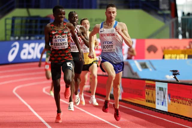 Daniel Simiu Ebenyo of Kenya KEN and Marc Scott of Great Britain GBR compete during the Men's 3000m Heats on Day One of the World Athletics Indoor Championships Belgrade 2022 at Belgrade Arena on March 18, 2022 in Belgrade, Serbia. (Picture: Srdjan Stevanovic/Getty Images for World Athletics)
