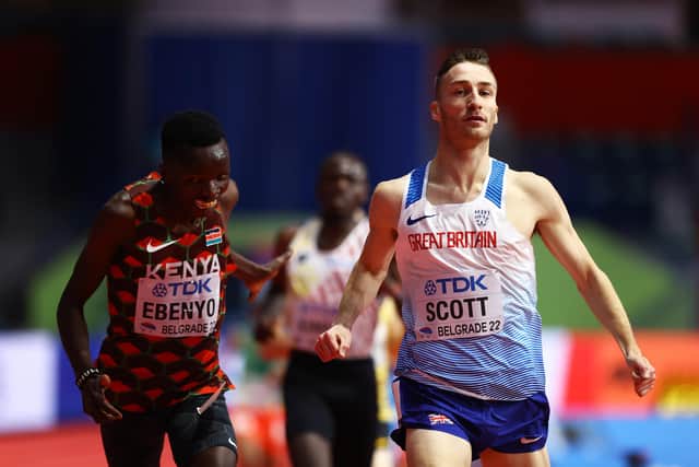 On the run: Marc Scott, right, of Yorkshire wins his heat at the World Indoor Championships yesterday. (Picture: Srdjan Stevanovic/Getty Images)