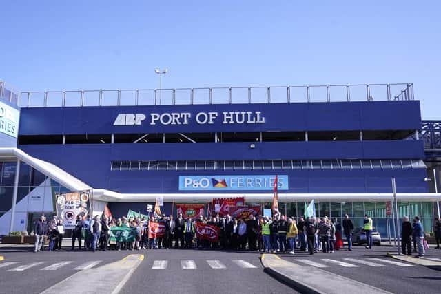 Protestors gathered outside the ferry terminal building in Hull after P&O Ferries suspended sailings and sacked 800 seafarers Picture: Danny Lawson/PA Wire
