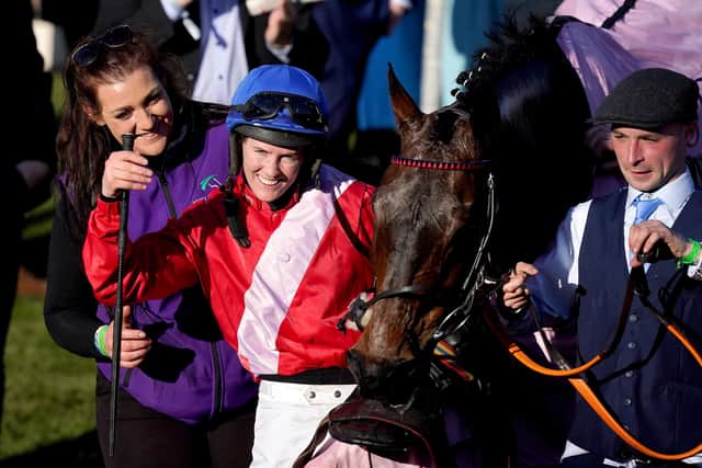 Rachael Blackmore celebrates the Boodles Cheltenham Gold Cup win of A Plus Tard with former Ripon Grammar School pupil Zoe Smalley (purple jacket), travelling head lass to trainer Henry de Bromhead.