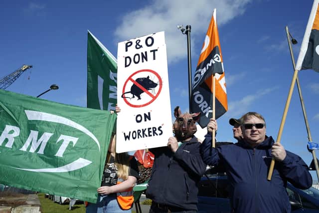 Protesters outside the Port of Hull, East Yorkshire, after P&O Ferries suspended sailings and handed 800 seafarers immediate severance notices.