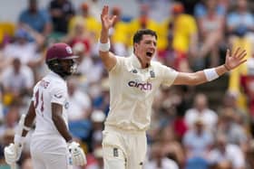 England's Matthew Fisher unsuccessfully appeals for the wicket of West Indies' captain Kraigg Brathwaite.  (AP Photo/Ricardo Mazalan)