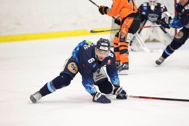D-man Ben Morgan puts his body on the line for Sheffield Steeldogs in the first leg of their National Cup Final against Telford Tigers. Picture courtesy of Peter Best