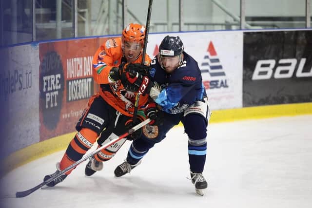 Andreas Valdix (right) battles for possession in Friday night's 6-3 win against Telford Tigers in the first leg of the National Cup Final. Picture courtesy of Peter Best/Steeldogs.