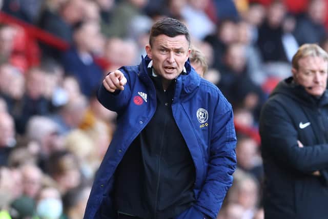 Sheffield United boss Paul Heckingbottom points something out to his players at Bramall Lane on Saturday Picture: Darren Staples/Sportimage