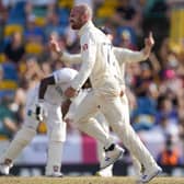 Got him: England's Jack Leach celebrates tacking the wicket of West Indies' Jermaine Blackwood. (AP Photo/Ricardo Mazalan)