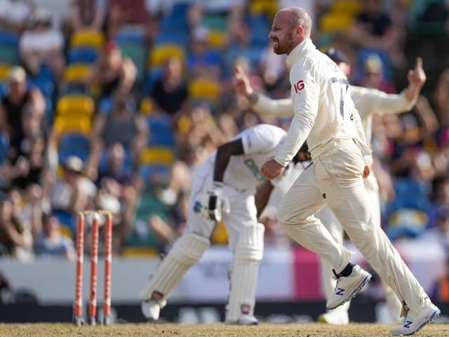 Got him: England's Jack Leach celebrates tacking the wicket of West Indies' Jermaine Blackwood. (AP Photo/Ricardo Mazalan)