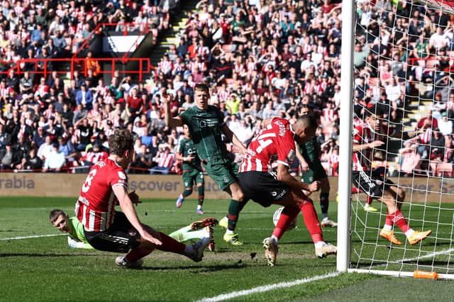 THAT'S FOR STARTERS: Sheffield United's Sander Berge scores the first goal against Barnsley at Bramall Lane Picture: Darren Staples/Sportimage