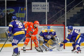 Sheffield Steelers' Tanner Eberle battles in front of the Fife Flyers' net during Sunday evening's 5-2 road win. Picture: Jill McFarlane/EIHL.