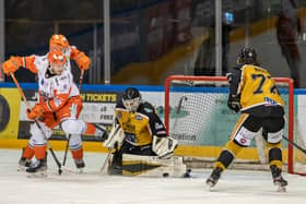 CLOSE CALL: Sheffield Steelers' Tanner Eberle goes close to tipping in past Kevin Carr in the Nottingham Panthers net on Saturday night. Picture: Scott Antcliffe.
