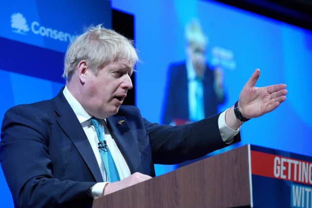 Prime Minister Boris Johnson speaking at the Conservative Party Spring Forum at Winter Gardens, Blackpool.