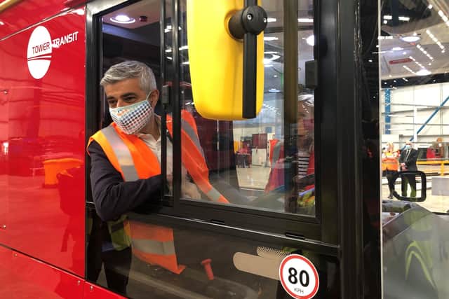 Mayor of London Sadiq Khan during a visit Switch Mobility, an electric bus factory in Sherburn in Elmet, North Yorkshire, which provides buses to London.