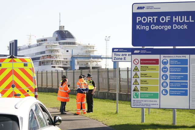 Police officers and security at an entrance to the Port of Hull, East Yorkshire, after P&O Ferries suspended sailings and handed 800 seafarers immediate severance notices.