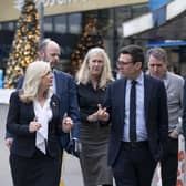 Transport for the North board members West Yorkshire Tracy Brabin, Mayor of Greater Manchester Andy Burnham and Mayor of South Yorkshire Dan Jarvis, outside Leeds Railway Station