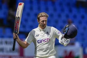 England's captain Joe Root leaves the pitch bowled by West Indies' Alzarri Joseph for 109 runs during day five of their first cricket Test match at the Sir Vivian Richards Cricket Ground in North Sound, Antigua and Barbuda, Saturday, March 12, 2022. (AP Photo/Ricardo Mazalan)
