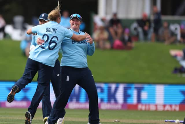 Back on track: Katherine Brunt and Anya Shrubsole from England celebrate Brunt's bowling out of Sidra Amin from Pakistan. (Picture: Peter Meecham/Getty Images)