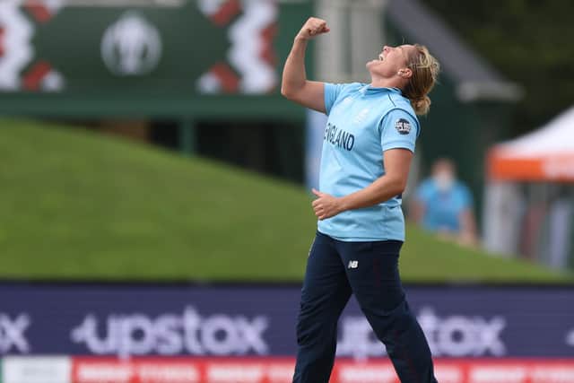 Katherine Brunt from England appeals successfully for an LBW during the 2022 ICC Women's Cricket World Cup match between England and Pakistan at Hagley Oval on March 24, 2022 in Christchurch, New Zealand. (Picture: Peter Meecham/Getty Images)