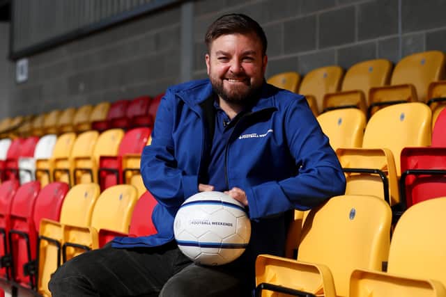 Alex Brooker visits York City FC to see how National Lottery players' support is helping them bounce back after Covid-19 at LNER Community Stadium. (Photo by George Wood/Getty Images for National Lottery)