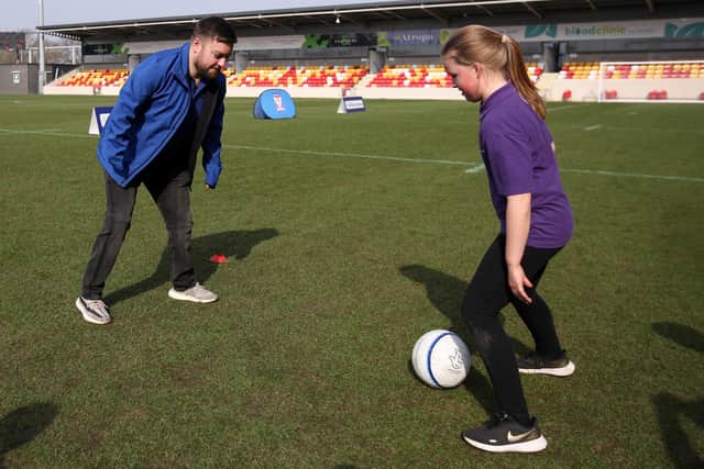 Alex Brooker visits York City FC. (Photo by George Wood/Getty Images for National Lottery)