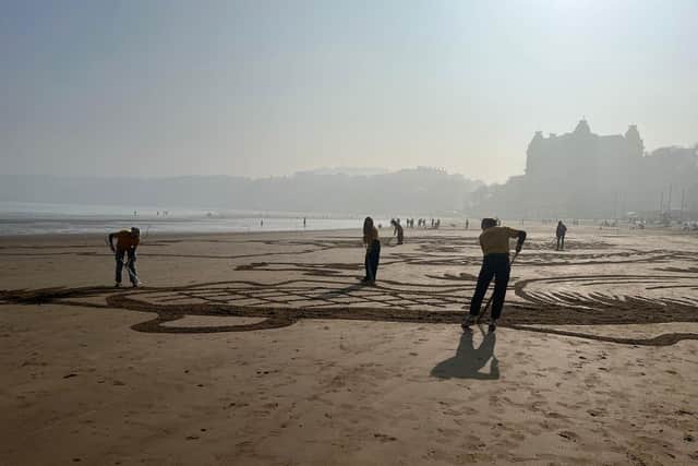 Young people and members of wildlife groups raked images into the sand in Scarborough to highlight wildlife issues in the UK.