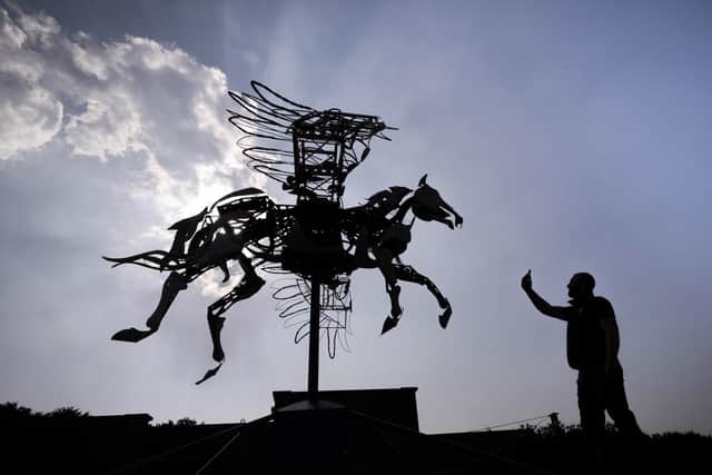 A man is silhouetted as he takes a photo of Wings of Glory by artist Adrian Landon, at the UK debut of the Radical Horizons: The Art of Burning Man, large scale artworks at Chatsworth House, Bakewell in Derbyshire. Danny Lawson/PA Wire