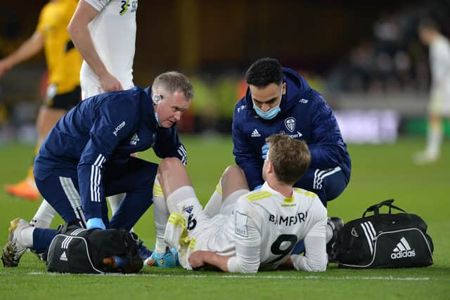 Leeds United's Patrick Bamford injury concerns after pulling up against Wolverhampton Wanderers at Molineux  Picture Bruce Rollinson