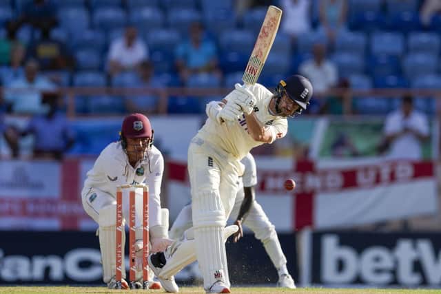 Defiant: England's Jack Leach bats against West Indies. (AP Photo/Ricardo Mazalan)