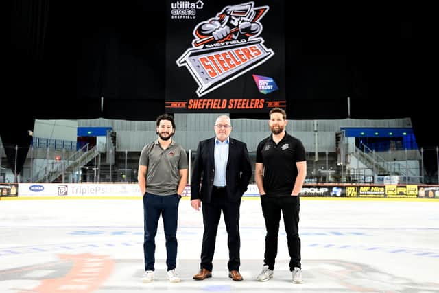 DREAM TEAM: Sheffield Steelers owner Tony Smith, centre, with Carter Beston-Will, left and head coach Aaron Fox. Picture: Dean Woolley.