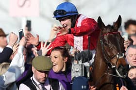 Zoe Smalley (purple top) with Rachael Blackmore after the jockey's historic Boodles Cheltenham Gold cup win on A Plus Tard.