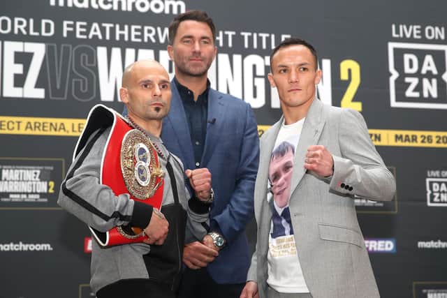 READY FOR BATTLE: Josh Warrington, right, and Kiko Martinez, left, are pictured ahead of their big fight on Saturday. Picture: Simon Marper/PA Wire.