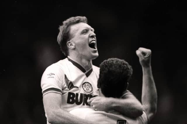 Brendan Ormsby in familiar pose for Leeds United supporters, celebrating his goal in the 1987 play-offs against Charlton Athletic. (Picture: YPN)