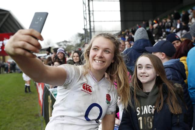 Zoe Aldcroft interacts with fans after the Women's Six Nations match between England and Wales at Twickenham Stoop in March 2020 Picture: Luke Walker/Getty Images
