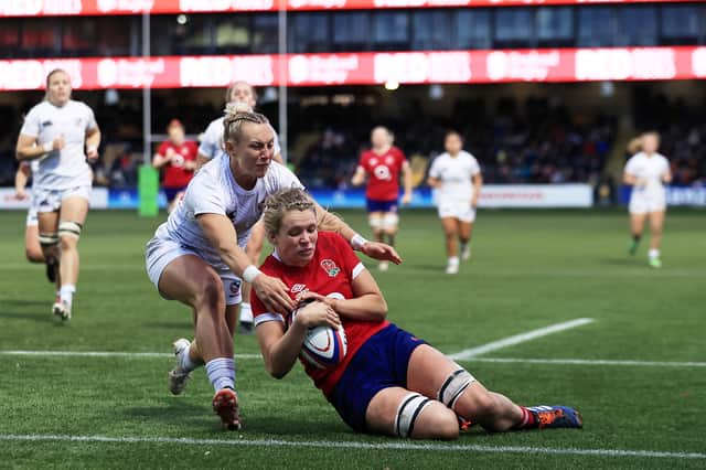 LEADING LIGHT: Zoe Aldcroft scores England’s seventh try against the USA at Sixways Stadium in November.  Picture: David Rogers/Getty Images.