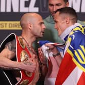HEAD TO HEAD: Kiko Martinez and Josh Warrington go head to head at the weigh-in ahead of tonight’s IBF featherweight world title fight. Picture: Mark Robinson/Matchroom Boxing.