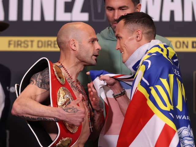 HEAD TO HEAD: Kiko Martinez and Josh Warrington go head to head at the weigh-in ahead of tonight’s IBF featherweight world title fight. Picture: Mark Robinson/Matchroom Boxing.