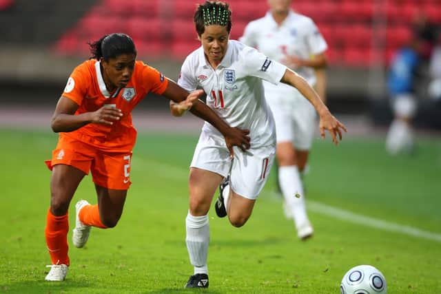 GETTING AWAY: Sue Smith on England duty against the Netherlands in the UEFA Women's Euro 2009 Semi-Final match. Picture: Ian Walton/Getty Images