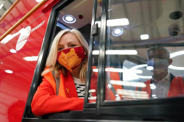 Tracy Brabin, Mayor of West Yorkshire poses for media pictures as she sits behind the wheel of a bus during a visit to the electric bus manufacturer Switch Mobility in Yorkshire on May 19, 2021 in Leeds. More funding has been secured for further electric buses to serve the region.