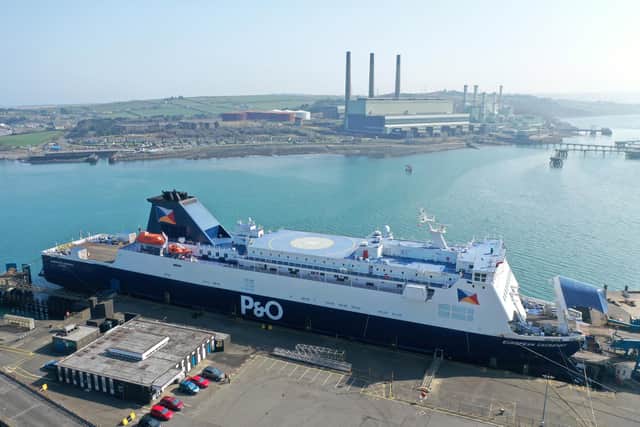 The P&O Ferries operated European Causeway vessel in dock at the Port of Larne, Co Antrim, where it has been detained by authorities for being "unfit to sail".