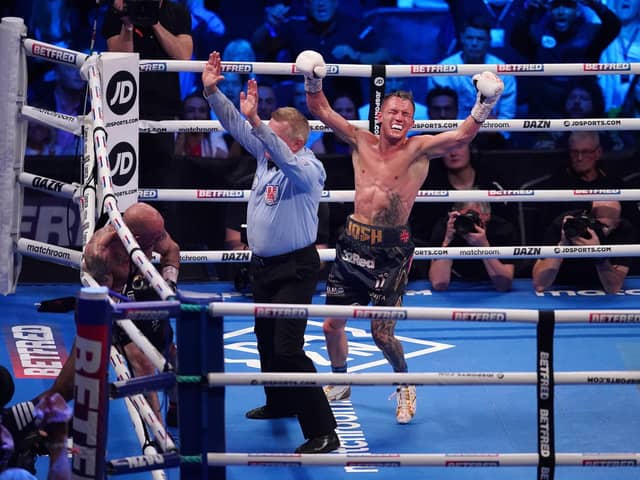 WINNING MOMENT: The referee stopped the fight in round seven. Picture: Mark Robinson/Matchroom Boxing.
